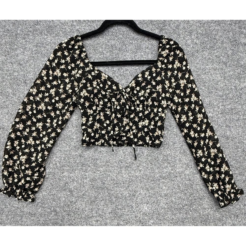 Olive USA Floral Crop Top Long Sleeve Smocked Back Sweetheart Neck Black Small